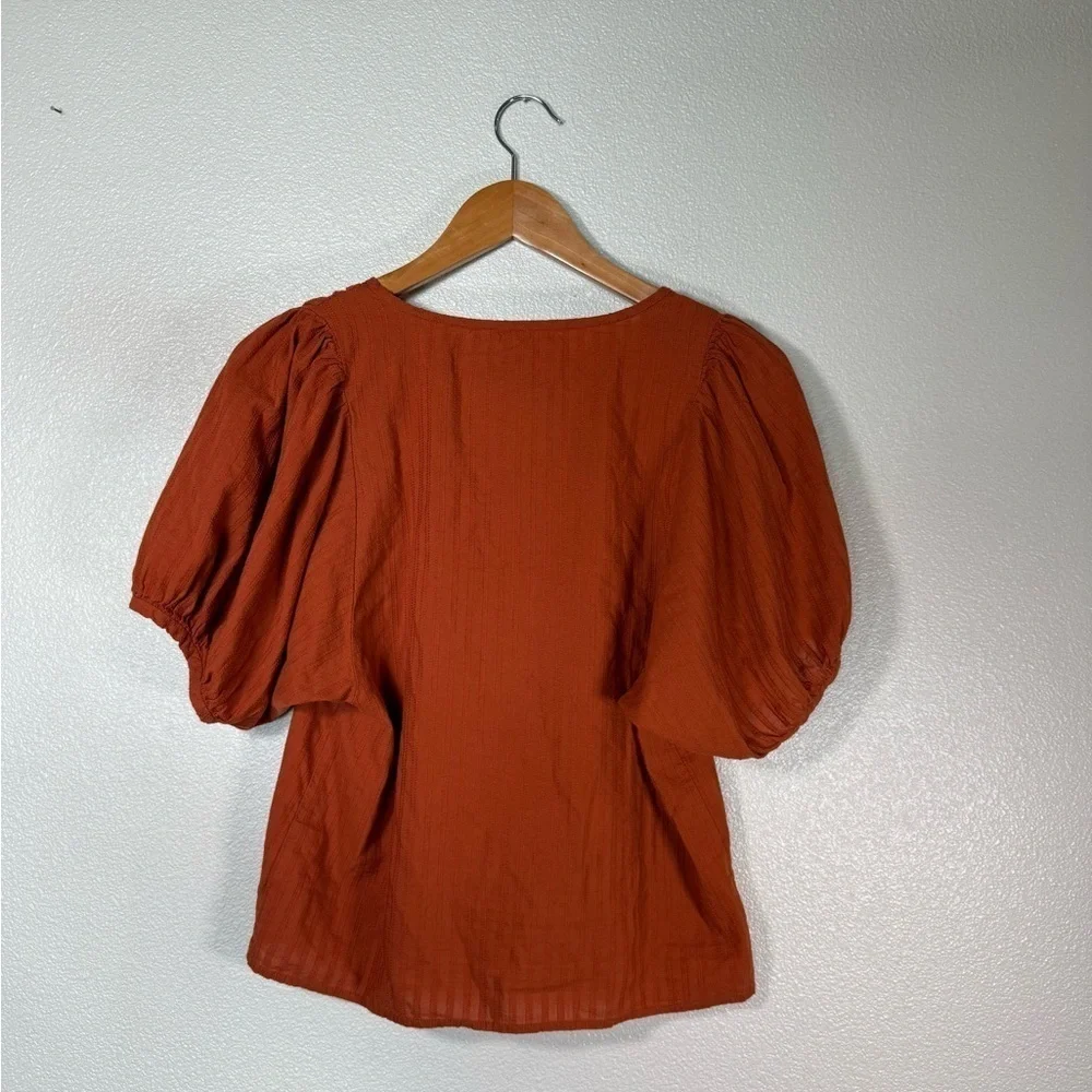 Madewell V-Neck Puff-Sleeve Top, XS, Textured Stripe/Rusty Torch B13